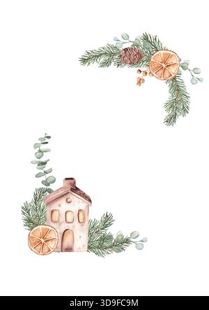 Cornice verticale quadrata dell'Avvento di Natale, bordo. Composizioni d'angolo con casette in ceramica, lanterne e piante invernali. Illustrazione botanica disegnata a mano Foto Stock