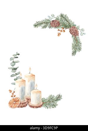 Cornice verticale quadrata dell'Avvento di Natale, bordo. Composizioni d'angolo con piante invernali, candela e giocattolo a stella in vimini fatto a mano. Botanica disegnata a mano Foto Stock
