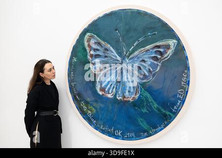 Londra, Regno Unito. 5 dicembre 2025. Un membro dello staff con "Maculinea Arion - Big Blue - Extinct UK 1979. Reintrodotto da EU 1980s (rondo)», 2025, in occasione dell’apertura di Oswaldo Maciá: Migratory Movements, una nuova mostra dell’artista colombiano Oswaldo Maciá presso la galleria Elizabeth Xi Bauer di Exmouth Market. Le opere dell'artista esplorano l'ecologia, l'ambiente e il mondo naturale. Lo spettacolo si svolge fino al 15 febbraio 2026. Crediti: Stephen Chung / Alamy Live News Foto Stock