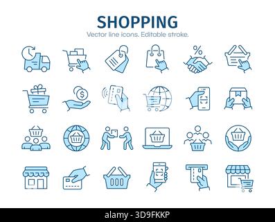 Set di icone dello shopping, come consegna, carta di credito, supermercato, vendita e altro ancora. Illustrazione vettoriale. Traccia modificabile. Illustrazione Vettoriale