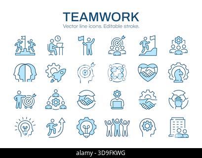 Insieme di icone del lavoro di squadra, come cooperazione, obiettivo del team, leadership, collaborazione e altro ancora. Illustrazione vettoriale isolata su bianco. Traccia modificabile. Illustrazione Vettoriale