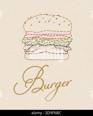 Illustrazione Burger con iscrizione in disegno ricamato con fili multicolore su sfondo beige Illustrazione Vettoriale