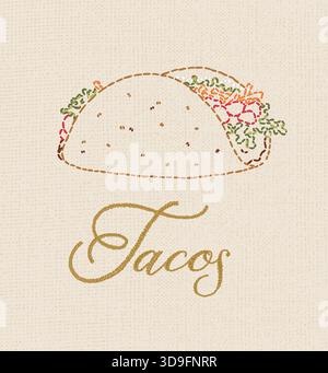 Illustrazione tacos con iscrizione in disegno ricamato con fili multicolore su sfondo beige Illustrazione Vettoriale