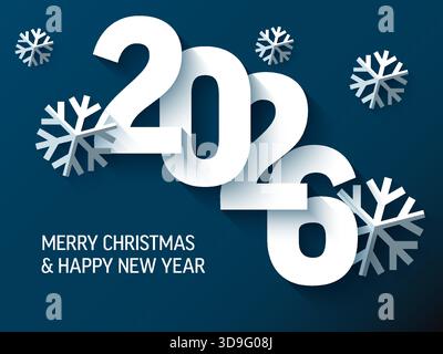 Un modello natalizio e di Capodanno 2026 caratterizzato da numeri bianchi audaci ed eleganti fiocchi di neve bianchi su sfondo blu scuro. C Illustrazione Vettoriale