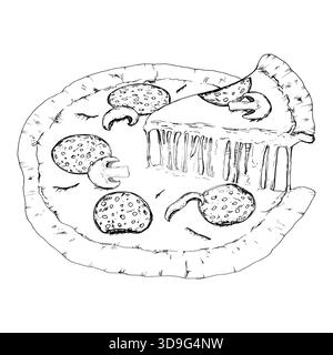 Illustrazione vettoriale di una pizza condita con fette di salame, funghi, con un pezzo sollevato per mostrare il formaggio fuso che si estende. Adatto per il menu Illustrazione Vettoriale