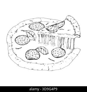 Illustrazione vettoriale di una pizza condita con fette di salame e foglie di basilico fresco, con un pezzo sollevato che mostra il formaggio fuso. Adatto per menu e ricette Illustrazione Vettoriale