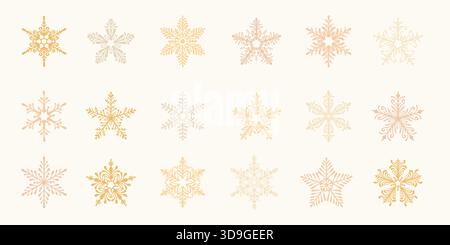 Set di icone del fiocco di neve disegnate a mano con Golden Line Art e cristalli di ghiaccio fiorenti. Eleganti simboli invernali decorativi della neve con ornamentali simmetrici Illustrazione Vettoriale