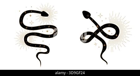 Collezione astratta di serpenti Kundalini stilizzati avvolti in armonia con forme geometriche sacre. Design spirituale che simboleggia il risveglio dell'energia cosmica Illustrazione Vettoriale