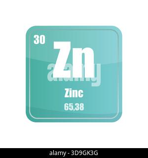 Piastrella elemento chimico in zinco. Atomico numero trenta. Zn firma icona vettore. Forma quadrata blu menta. Illustrazione Vettoriale