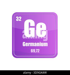 Piastrella dell'elemento chimico al germanio. Atomico numero trentadue. Icona del vettore GE Sign. Forma quadrata viola viola. Illustrazione Vettoriale
