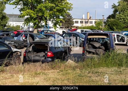 File di auto smontate si trovano in un cortile aperto, mostrando parti mancanti, fronti rotti interni esposti. La scena riflette l'atmosfera del giardino di raschietti sparsa Foto Stock
