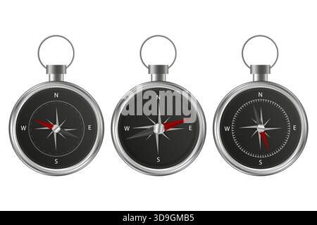 Set bussola argento. Strumento di navigazione magnetica. Vettore di ricerca direzione. Strumento metallico realistico Illustrazione Vettoriale
