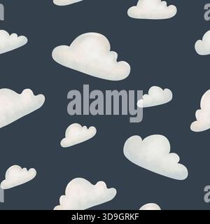 Motivo acquerello senza cuciture di nuvole bianche su sfondo blu scuro. Design etereo del cielo con gradiente onirico e atmosferico. Carta da parati minimalista disegnata a mano per un vivaio tranquillo e tranquillo Foto Stock