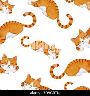 Motivo ad acquerello senza cuciture con un gatto da tabby allo zenzero addormentato. Illustrazione animata su sfondo bianco pulito per la carta da parati. Design accogliente e originale, perfetto per l'arredamento dei bambini Foto Stock