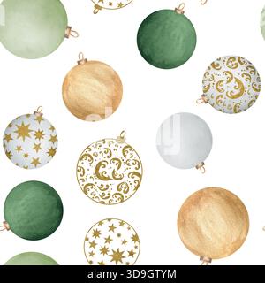 Motivo senza cuciture di bianco, verde scuro e verde chiaro e oro. Natale Capodanno clipart. Illustrazioni ad acquerello disegnate a mano per il festival Foto Stock