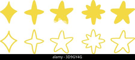Set di icone a stella scintillante Doodle. Illustrazione Vettoriale