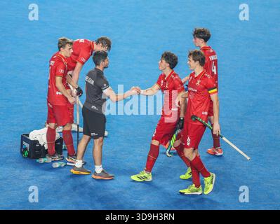Chennai, India. 5 dicembre 2025. FIH Hockey Coppa del mondo Junior maschile Tamil Nadu 5 dicembre 2025 INDIA vs BELGIO India ha battuto il Belgio 4-3 ai calci dopo un pareggio del 2-2 in tempo di regolazione nella partita di Coppa del mondo Junior FIH al Mayor Radhakrishnan Stadium di Chennai. Crediti: Seshadri SUKUMAR/Alamy Live News Foto Stock