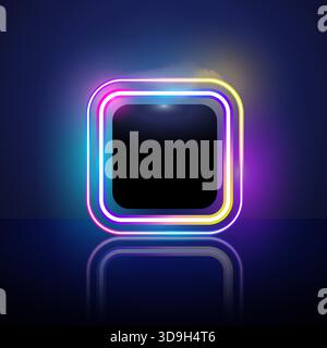 Colorato quadrato al neon luminoso con riflessi su sfondo scuro. Perfetto per design futuristico, banner e annunci. Illustrazione Vettoriale