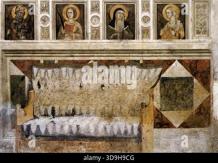 LORENZETTI, Pietro (nato ca. 1280, Siena, d. 1348, Siena) architettura dipinta c. 1320 Chiesa inferiore affresco, San Francesco, Assisi il quadro mostra l'architettura dipinta sotto la deposizione dalla Croce nel transetto sud. Sotto le rappresentazioni dei Santi Rufino, Caterina d'Alessandria, chiara e Margherita, c'è una panchina trompe l'oeil, vuota, posta contro il muro, con una morbida pelliccia sparsa sopra di essa. --- parole chiave: --------------- Autore: LORENZETTI, Pietro titolo: Painted Architecture Time-line: 1301-1350 Scuola: Italian form: Painting Type: Other Foto Stock