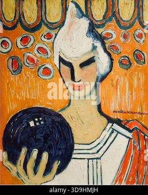 Alexis Mérodack-Jeaneau - Clown with the Blue Ball - 1906 - la figura centrale è una persona stilizzata, possibilmente un clown o un esecutore, con un'impressionante coiffure bianca e un'audace espressione facciale. La figura raffigura una grande sfera blu profonda in primo piano. Lo sfondo è dominato da un intenso arancione testurizzato, ornato da forme fluttuanti e irregolari in rosso e bianco. L'abbigliamento della figura include un indumento bianco con evidenti strisce rosse sul lato destro. L'artista utilizza colori non naturalistici e pennellate distinte e visibili per trasmettere emozioni piuttosto che rappresentare realistiche Foto Stock