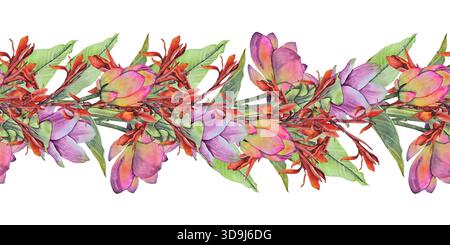 Bordi senza cuciture di acquerello con vivaci fiori di canna, curcuma e loto. Composizione tropicale per tessuti, imballaggi, prodotti spa e design estivo. Foto Stock