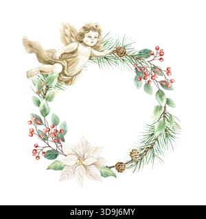 Corona di Natale con un angelo volante, rami di abete, rametti di eucalipto e un fiore poinsettia. Illustrazione ad acquerello disegnata a mano isolata. Per Foto Stock