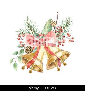 Campane dorate natalizie con fiocco rosso, rami di abete, rametti di bacche rosse, coni di pino ed eucalipto. Illustrazione ad acquerello disegnata a mano, isolata Foto Stock