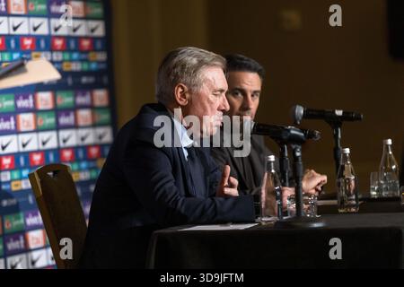 Washington, Stati Uniti. 5 dicembre 2025. Carlo Ancelotti, allenatore della nazionale brasiliana di calcio, parla ai giornalisti del Ritz Hotel di Washington, DC, la capitale degli Stati Uniti. Crediti: Brasile Photo Press/Alamy Live News Foto Stock