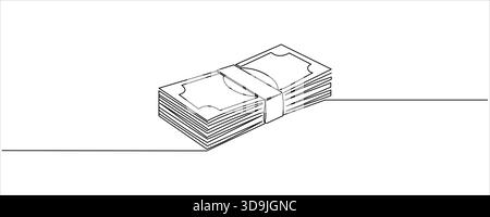 pacchetti di denaro, contante, banconote, dollari, euro una linea d'arte, una pila di carta, contanti, banconote, dollari, in un'unica linea. Disegno a linea continua Illustrazione Vettoriale