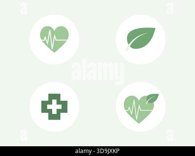 Set icona salute e benessere con Heartbeat, croce medica e simbolo foglia in un design minimale verde. Illustrazione Vettoriale