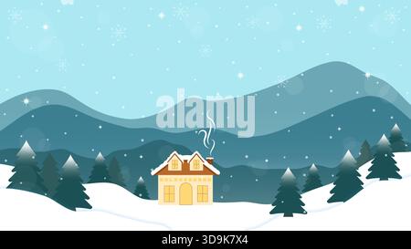 Scenario invernale innevato di Una cabina nel mezzo della foresta di pini e delle montagne in Una giornata di cielo limpido con fiocchi di neve cadenti Illustrazione Vettoriale
