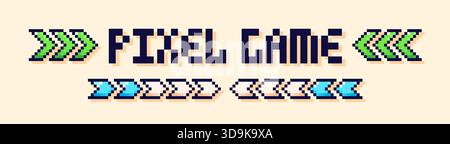 Pixel game logo con barre di caricamento e frecce. Illustrazione Vettoriale