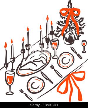 Buon Natale e felice Capodanno tavolo festivo con albero di Natale, pollo, piatti, candele con fiocco rosso coquette. Disegnato a mano stravagante Illustrazione Vettoriale