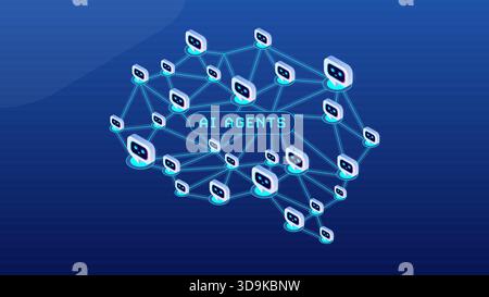 Concetto di flusso di lavoro di rete di intelligenza artificiale - più agenti di intelligenza artificiale connessi sotto forma di cervello digitale - vettore infografico con tecnologia isometrica Illustrazione Vettoriale
