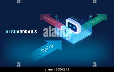 Concetto di AI Guardrails che mostra i dati filtrati del sistema di intelligenza artificiale - infografica sulla tecnologia isometrica vettoriale - ideale per presentazioni tecnologiche aziendali sull'intelligenza artificiale Illustrazione Vettoriale