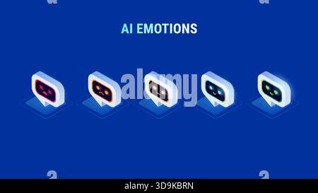 Concetto di INTELLIGENZA ARTIFICIALE - 5 emoji con le icone degli agenti ai - ottimo per la valutazione del punteggio di soddisfazione del cliente CSAT o per le presentazioni aziendali relative all'intelligenza artificiale Illustrazione Vettoriale