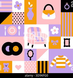 Thrift Store Shop Treasures illustrazione, motivo vettoriale senza cuciture, mosaico a blocchi di colore, fascino di oggetti ordinari, composizione basata su griglia. Ogni quadrato Illustrazione Vettoriale