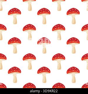 Simpatico motivo a funghi Amanita senza cuciture in stile disegnato a mano Illustrazione Vettoriale