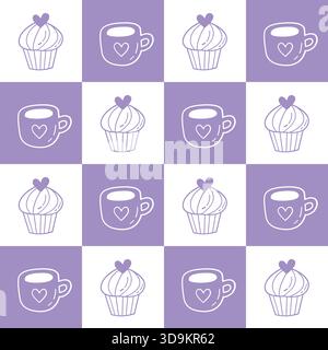 Grazioso motivo a doodle senza cuciture con Cupcakes e tazze a cuore in stile pastello Illustrazione Vettoriale