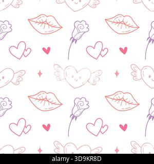 Simpatico modello a doodle con cuori alati, rose e labbra Illustrazione Vettoriale