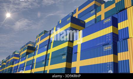 La Svezia esporta la produzione e importa container di carico in base al concetto commerciale di fila. Illustrazione 3d della scatola di spedizione industriale con bandiera svedese. Foto Stock