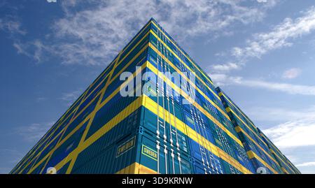 La Svezia esporta la produzione e importa container di carico in base al concetto commerciale di fila. Illustrazione 3d della scatola di spedizione industriale con bandiera svedese. Foto Stock