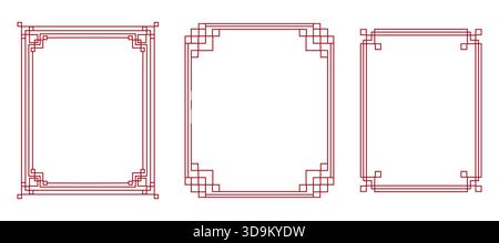 Cornici tradizionali rosse coreane, bordi delle linee con ornamenti degli angoli a nodo. Collezione di decorazioni quadrate asiatiche. telaio certificato, antico confine con la cina. Illustrazione vettoriale Illustrazione Vettoriale