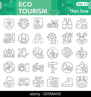 Collezione o schizzi di simboli di turismo ecologico, barra a tema ecologico in stile sottile segni per Web e app. Grafica vettoriale isolata su sfondo bianco Illustrazione Vettoriale