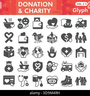 Collezione o schizzi di simboli di beneficenza, barra a tema donazione in stile glifo segni per Web e app. Grafica vettoriale isolata su sfondo bianco Illustrazione Vettoriale