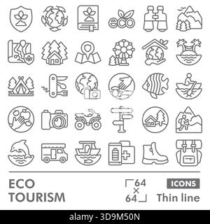 Collezione o schizzi di simboli del turismo ecologico, tema ecologico in linea segni per Web e app. Grafica vettoriale isolata su sfondo bianco Illustrazione Vettoriale