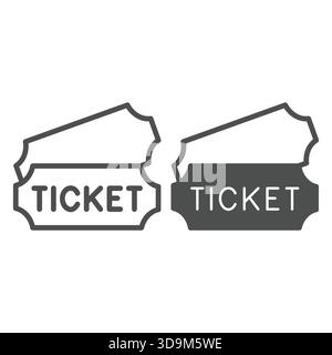 Biglietto cartaceo, linea di coppia e icona solida, concetto di museo cittadino. Grafica vettoriale. Biglietto per l'evento del museo su sfondo bianco, icona con lo stile del contorno per la folla Illustrazione Vettoriale