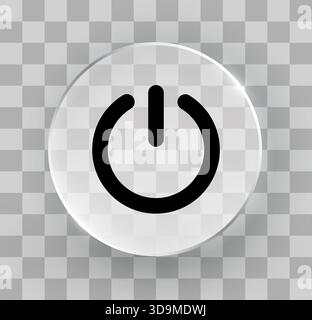 Moderna icona del pulsante di accensione in vetro con un elegante effetto lucido su uno sfondo trasparente. Un simbolo universale per le funzioni di accensione. Illustrazione vettoriale Illustrazione Vettoriale