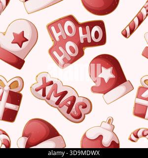 Motivo per biscotti natalizi senza cuciture in rosso e bianco con bastoncini di caramelle, Mittens, ho ho Text e biscotti natalizi Illustrazione Vettoriale