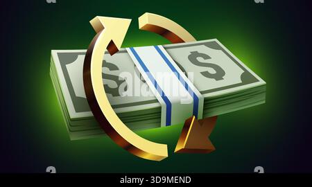 Concetto di ciclo finanziario con una pila di banconote da un dollaro circondata da una freccia dorata. Illustrazione vettoriale Illustrazione Vettoriale